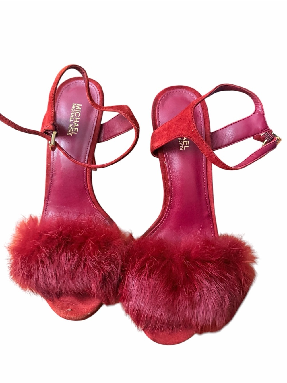 Michael Kors Red Suede Fur-Trim Stiletto Sandals - Picture 3 of 6
